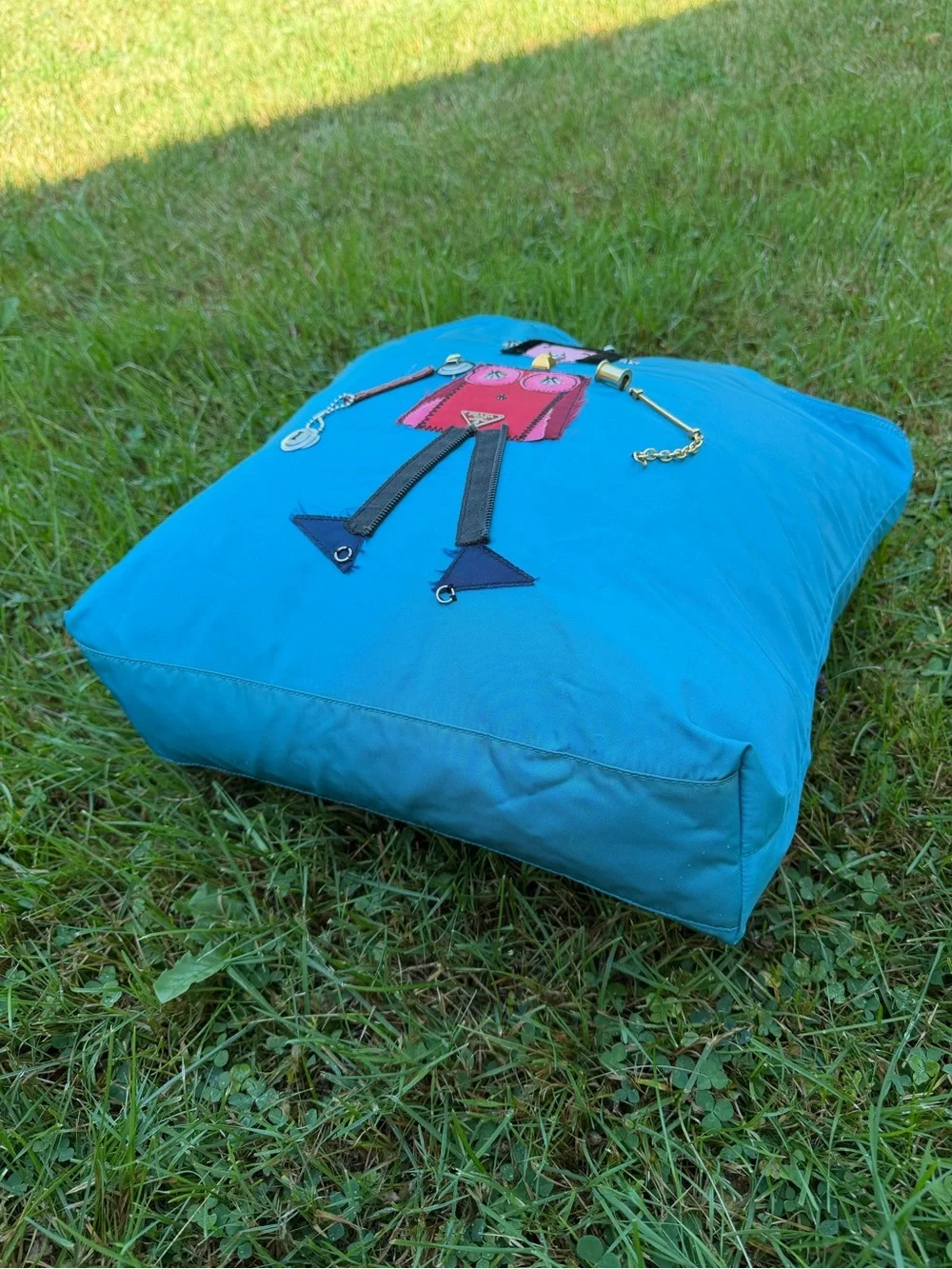Vintage Prada Robot Blue Tessuto Appliqué Tote Bag Shopper